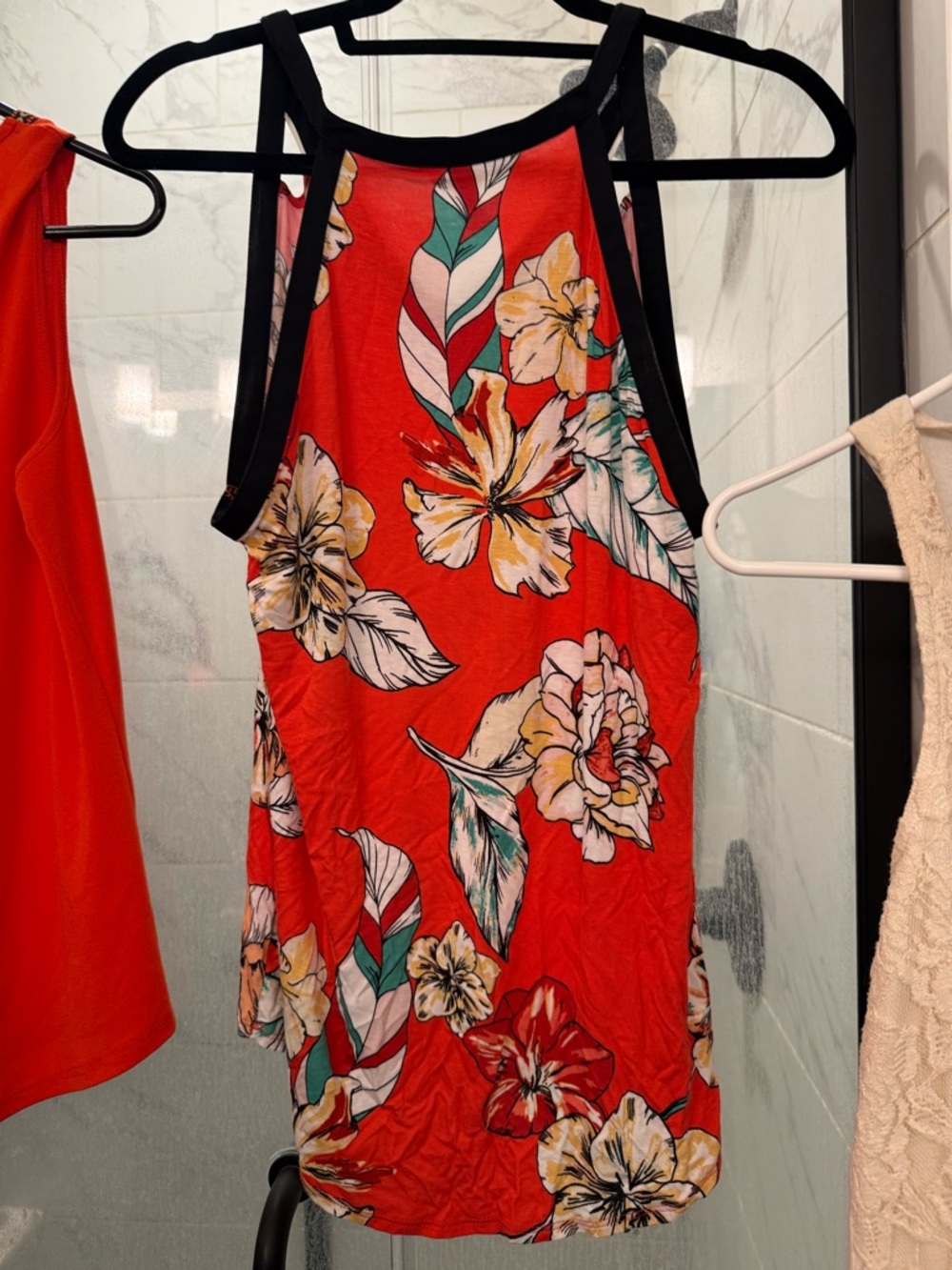 Candie's Red Floral Halter Tank Top with Black Trim